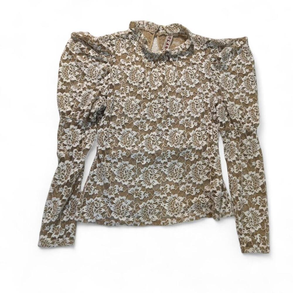 Anthropologie Beige Lace Floral Long-Sleeve Blouse